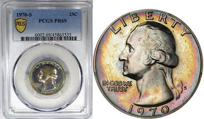 1970-S 25C PCGS PF69 WASHINGTON QUARTER ~ TONS NEON ARCO-ÍRIS! - Imagem 1 de 4