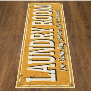 Runner Rug 20" x 59", Laundry Text Design with Non- Slip Rubberback - Yellow - Picture 1 of 9