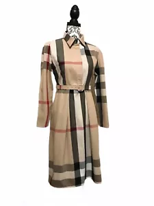 Plaid Check Belted Shirt Midi Dress Women's Beige Long Sleeve Pleated Size S M - Picture 1 of 16