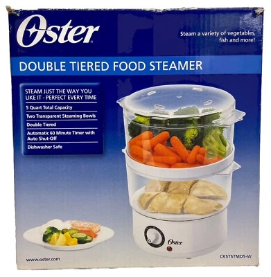 Oster Vaporizador de Alimentos Doble Nivel Blanco 5 Cuartos de Capacidad Compacto Apilable Cuencos Foto 1 de 4