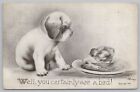 Animal~Puppy & Chick @ Bowl Well You Certainly Are A Bird B&W~Vintage Postcard