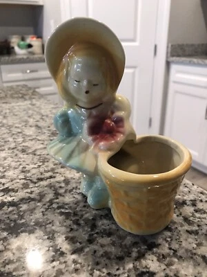 Vintage Shawnee Pottery Planter Girl Pink Bow Flower Basket # 534 - Image 1 of 4