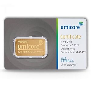 Goldbarren 10 Gramm  999.9 Gold Umicore original geblistert 