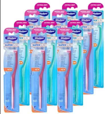 12 x Wisdom Interspace Super Slim Zahnbürste Extra Soft Zahnbürste Grün / Rot