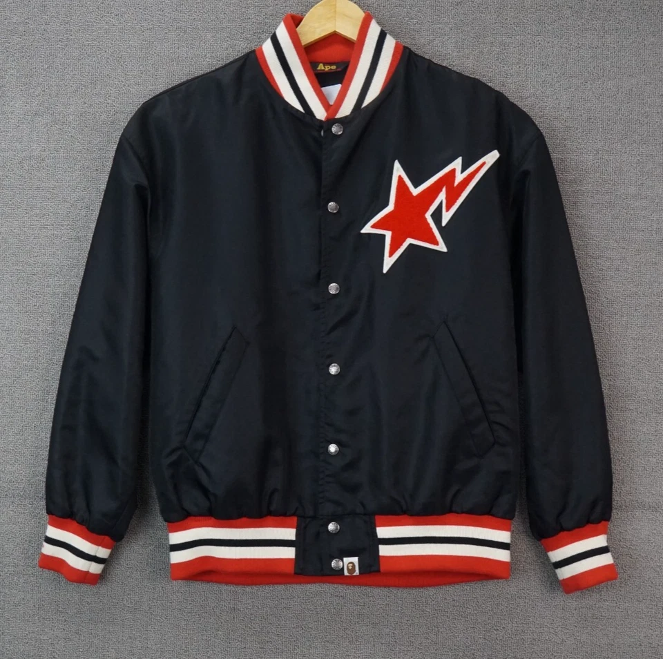 Abathinh Ape Varsity Jacket Snap Up Nylon Black Red White Men's Size Medium - Image 1 of 4