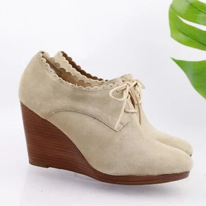 Jack Rogers Women's Olivia Boot Size 10 Wedge Heel LaceUp Cream Tan Suede Bootie - Picture 1 of 12