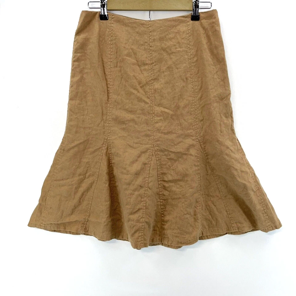 Kim Rogers Women's Trumpet Skirt Flowy Flare Midi 100% Linen Camel Brown Size 10 - Image 1 of 4