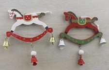 GISELA GRAHAM CHRISTMAS WOOD NOSTALGIA ROCKING HORSE WITH BELL DECORATION X 2