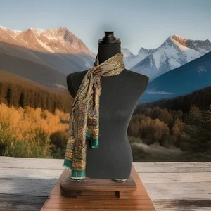 Club 7 100% Silk Scarf Green Tan And Pink Long  - Picture 1 of 8