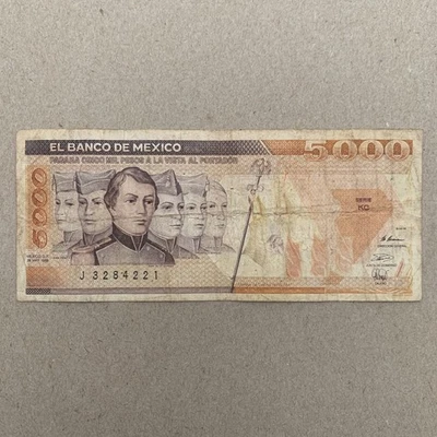 🇲🇽 1980s Mexico Paper Money 5000 Pesos Cadets Heroes Mexican Currency Banknote - Image 1 of 3