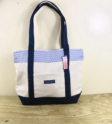 Vineyard Vines Tote Bag Canvas Custom Collection Blue White Penguins New - Image 1 of 4