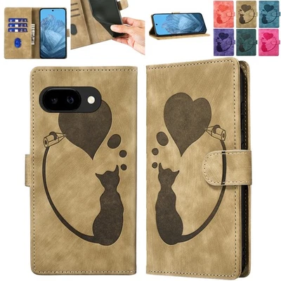 For Google Pixel 9A 9Pro XL 8A 7 Love Cat Painted Leather Flip Wallet Case Cover - Image 1 of 4