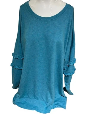 MATILDA JANE XL Our Song Sweatshirt Blue Tunic 3/4 Sleeve Ruffled Oversized - Image 1 of 3