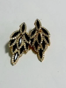 Vintage Art Deco Sapphire Navette Crystal Rhinestone Peacock Dangle Earrings - Picture 1 of 6