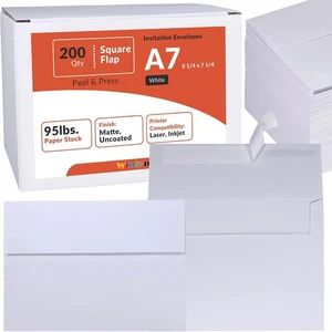 200 Pcs White A7 Invitation Envelopes 5 1/4 x 7 Square Flap A7, - Picture 1 of 9