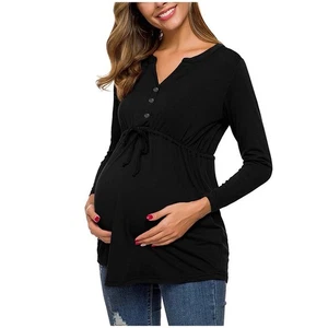 Shirts Long Sleeves V Neck Blouse Casual Clothes Maternity Women Tops Pregnant - Picture 1 of 15
