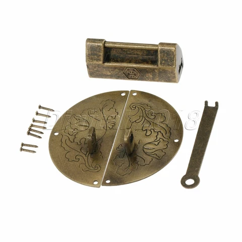 Chinese Old Chest Cabinet Jewelry Box Latch Catch Hasp & Padlock Set Hardware Cover
