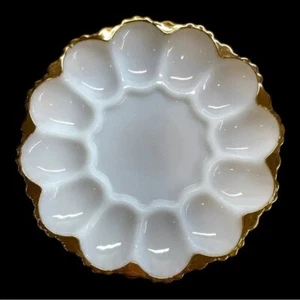 Vintage Anchor Hocking Fire King Milk Glass Deviled Egg Plate 22K Gold Trim - Picture 1 of 8