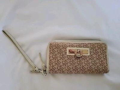 CARTERA AUTÉNTICA PARA MUJER DKNY GRANDE Doble Cremallera ALREDEDOR Taupe/Beige Ribete Lona Foto 1 de 4