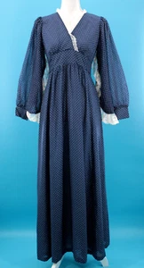 VTG Women's 70s Navy Polka Dot Peasant Maxi Dress W/ Wing Sleeves S/M 1970s - Picture 1 of 14
