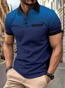 Polo Hombres Camisa Abotonada Cuello Azul Gradiente Gráfico Estampado Golf Moda Informal - Imagen 1 de 3