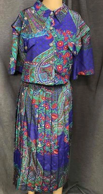 Vintage Leslie Fay Floral Midi Dress Button-Up Front Long Sleeves Collar Womens - Image 1 of 4