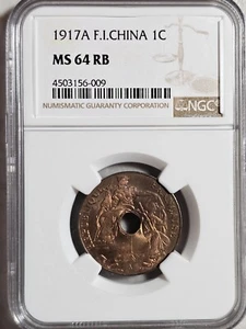 French Indochina 1 Cent 1917A NGC MS 64 RB - Picture 1 of 2