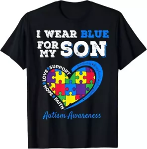 I Wear Blue For My Son Autism Awareness Mom Dad Parents Unisex T-Shirt - Picture 1 of 5