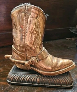 RARE ODDITY REAL Leather Childs Cowboy Boot Bronze Cast Paperweight Heirloom  - Picture 1 of 7