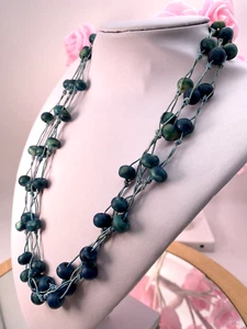 Vintage Three Strand Necklace Wooden Green Thread/Leather Strand - Picture 1 of 9