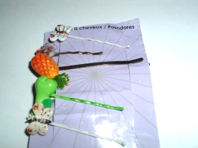 5 Vintage Colorful Enamel Fruit and Butterfly Bobby Pins - Image 1 of 2