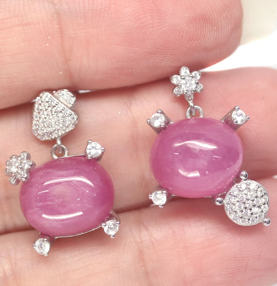 Heated 11 X 13 mm. Pink Ruby & Cubic Zirconia Earrings Silver 925 Sterling - Image 1 of 4