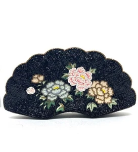 Vintage schwarz Fächerform Perlen Blumen Clutch Handtasche überbacken - Bild 1 von 15