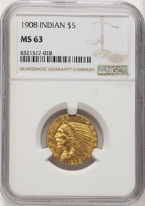 1908 $5 Indian Indian Half Eagle NGC MS63 (572251139) - Picture 1 of 2