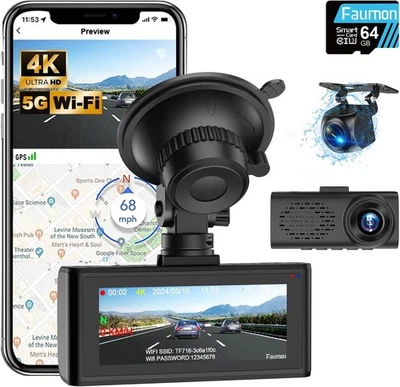 FAUMON Dash Front and Rear Camera 4k+1080p Dashcam WiFi Free 64GB Card