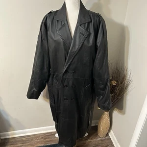 Vtg B.M.M. Los Angeles Men Black 100% Leather Trench Coat Double Breasted Sz XL - Picture 1 of 11