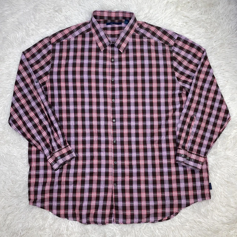 Men's Perry Ellis Red/Brown Plaid Pattern Long Sleeve Button Up Shirt 4XLT EUC - Image 1 of 4