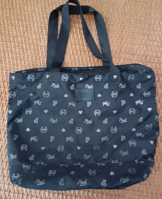 Victoria Secret PINK Tote Bag Large Black With Silver Logo Zipper Lightweight - Image 1 of 4