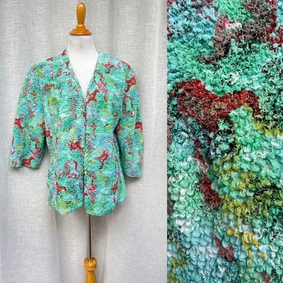 Turquoise Red crinkled micro pleated silk No closure cardigan with horses print - Image 1 of 4