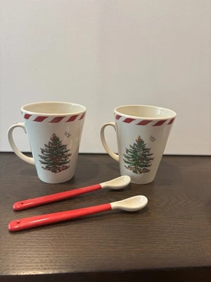 Spode Christmas Tree Peppermint Mugs Latte Coffee Cup w Spoons 14oz  - Set of 2 - Image 1 of 4