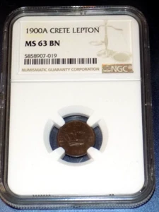 Greece 1900 A Crete Lepton Copper Coin NGC MS63 BN Choice UNC KM# 1 CERTIFIED - Picture 1 of 4