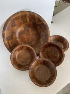 Vtg Boho Mcm Parquet Wood Weave Woven Wooden Serving Salad Bowl 4 Snack Bowls - Picture 1 of 10