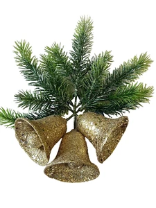 Vintage Christmas Gold Bells Plastic Pine Branch Glitter Wall Hanging Decor - Picture 1 of 7