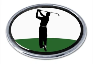 Golf Chrome Auto Emblem (Male Golfer Back Swing) (Oval) - Foto 1 di 3
