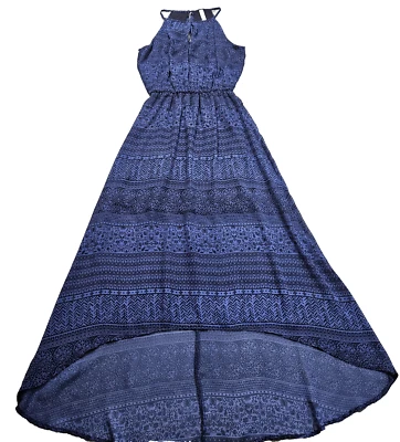 Maxi Vestido Para Mujer XS Azul Estampado de Gasa Cerradura Cuello Halter Cintura Elástica Alta Baja Foto 1 de 4