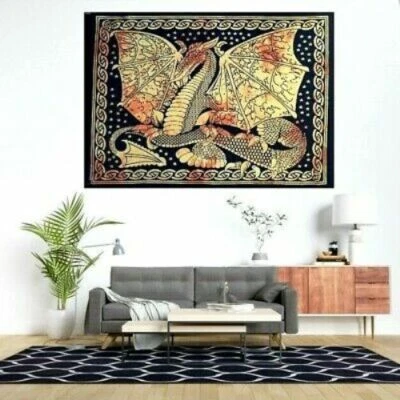 Póster tapiz hippie de algodón mandala colgante de pared amarillo Big Dragon de meditación Foto 1 de 3