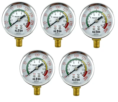 Qty 5 Air Pressure Gauge 1.5" Dial Side Mount 1/8"NPT - 0 to 200 PSI Color Coded - Image 1 of 3