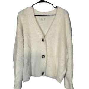H&M White V-Neck 3 Button Long Sleeve Faux Furry Sweater Cardigan Women Sz L