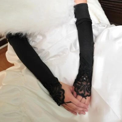 Wedding Fingerless Lace Stretch Satin long Gloves Women Party Dress Bridal US - Image 1 of 4