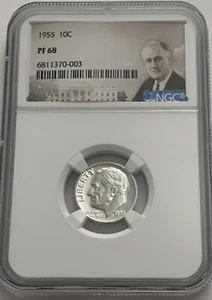 1955 NGC PF68 90% SILVER PROOF ROOSEVELT DIME GREAT EYE APPEAL PORTRAIT LABEL - Picture 1 of 3